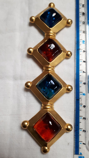 LAGERFELD - brooch, long, poured glass, Gripoix, red & blue