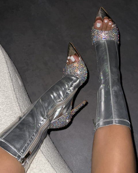 SILVER GEM PEEP TOE ANKLE boots