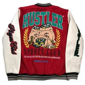 X Hustler” varsity jacket.