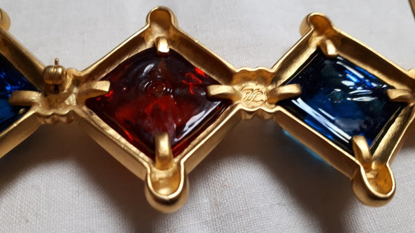 LAGERFELD - brooch, long, poured glass, Gripoix, red & blue