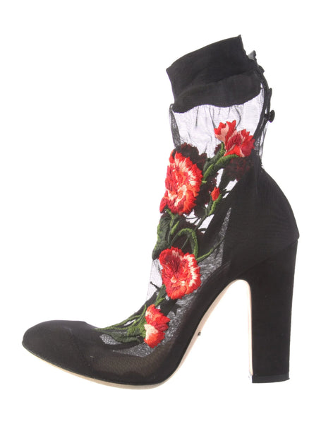 Vintage Dolce&Gabbana New embroidered floral sock black pumps/ankle booties