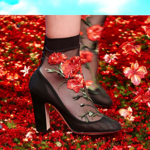 Vintage Dolce&Gabbana New embroidered floral sock black pumps/ankle booties